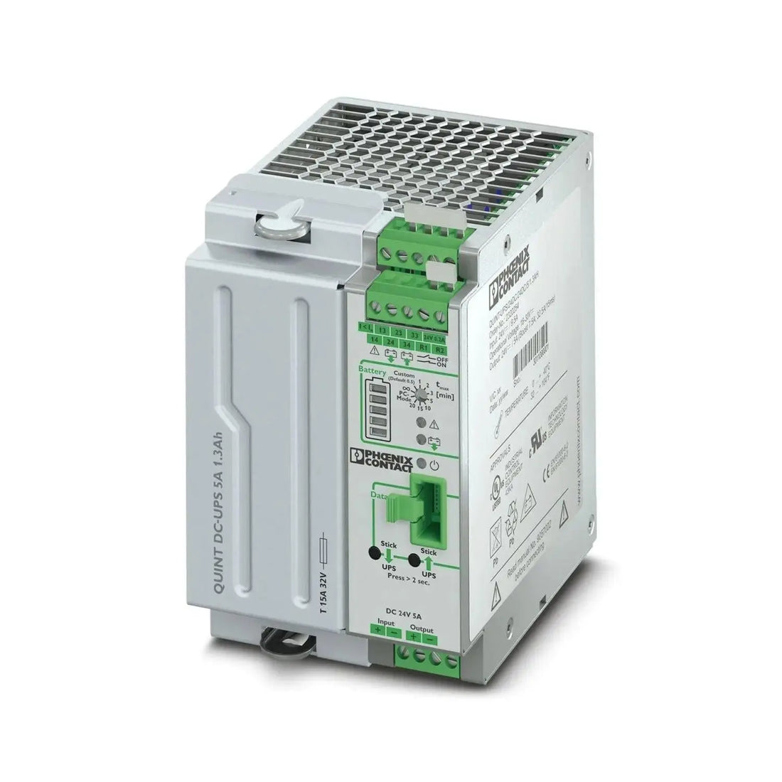 Phoenix Contact QUINT‑UPS/24DC/24DC/5/1.3 Ah – Compact DIN‑Rail UPS with Integrated Battery.