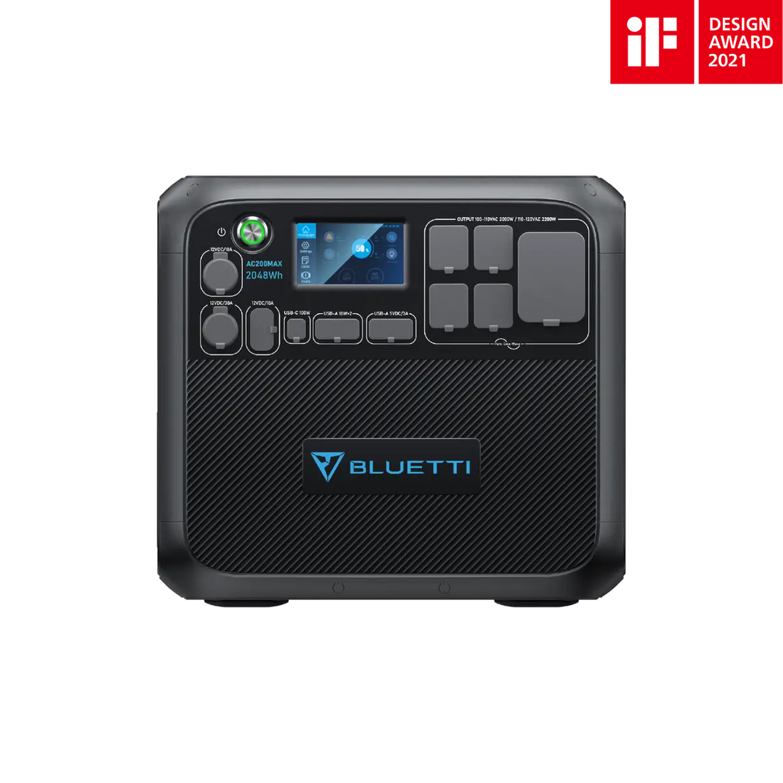 BLUETTI AC200MAX 2048Wh portable power station front view with ports and display
