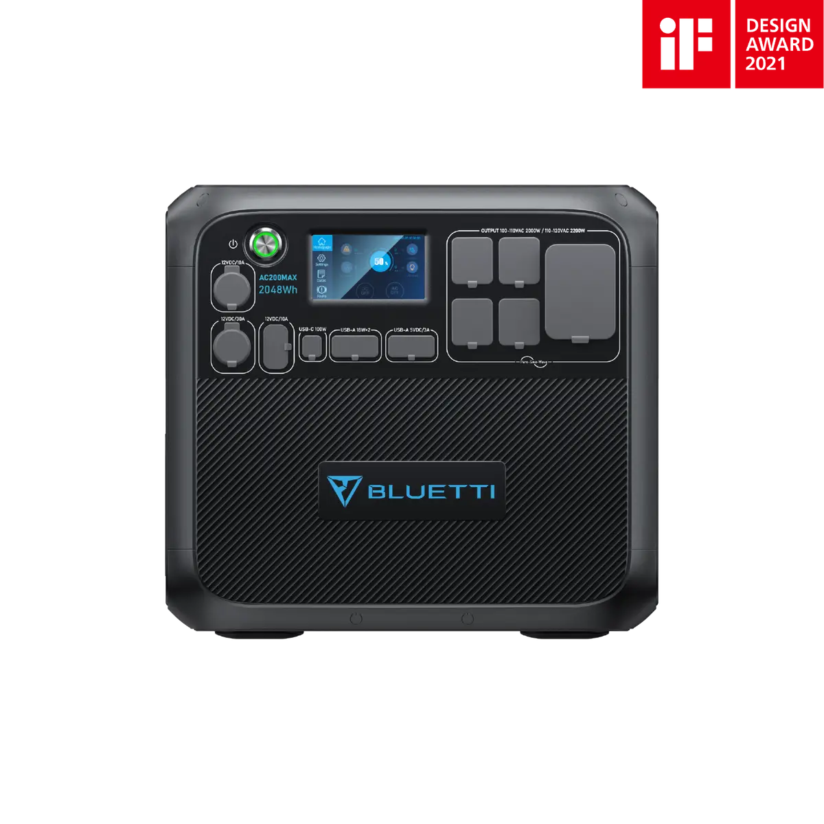 BLUETTI AC200MAX 2048Wh portable power station front view with ports and display