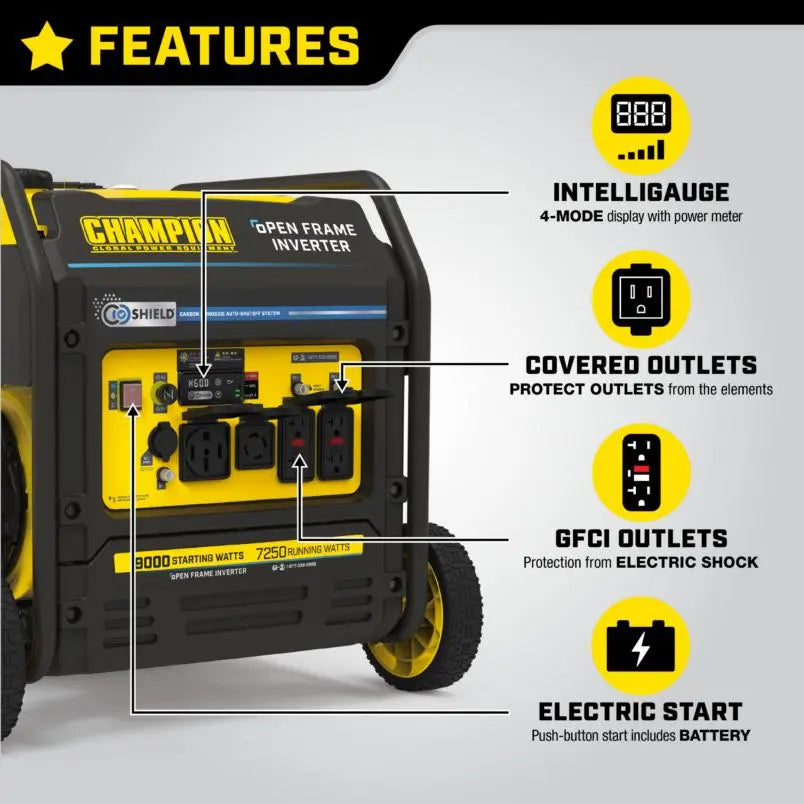 Champion 9,000 W Electric-Start Open-Frame Inverter Generator with CO Shield Solar Cellz USA
