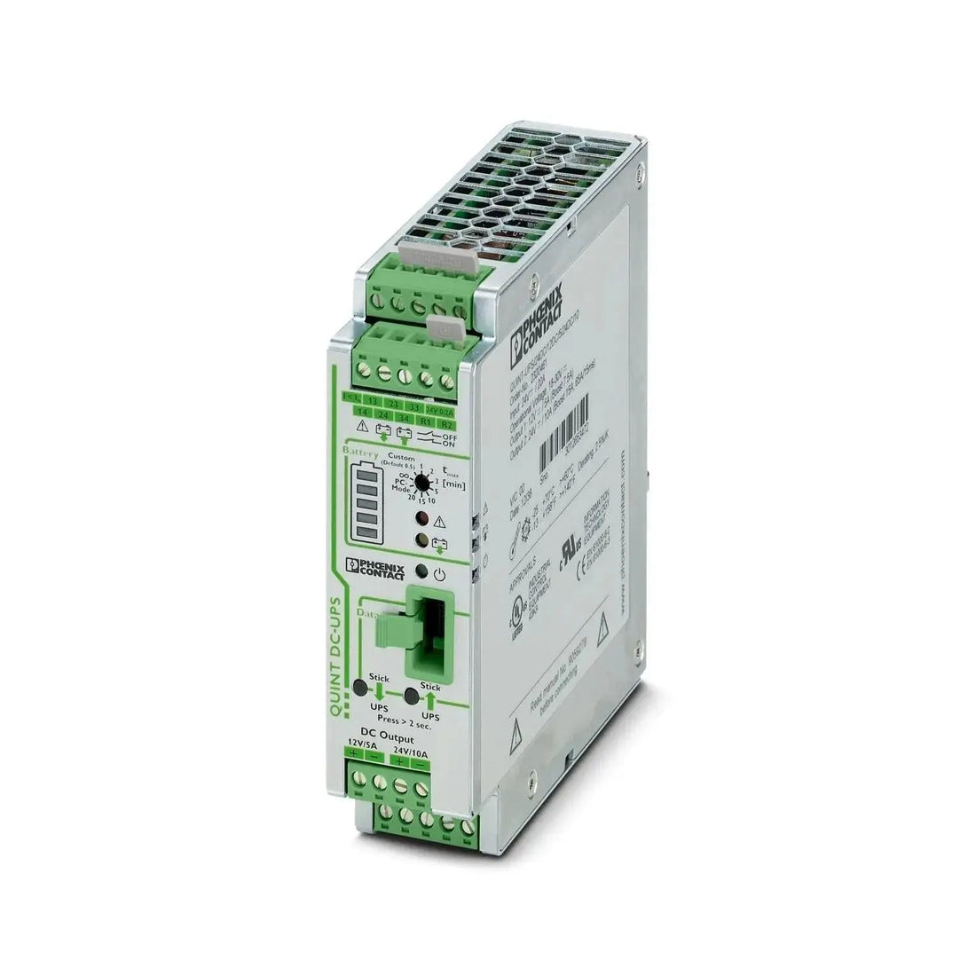 Phoenix Contact QUINT‑UPS/24DC/12DC/5/24DC/10 – Dual‑Voltage DIN‑Rail UPS.