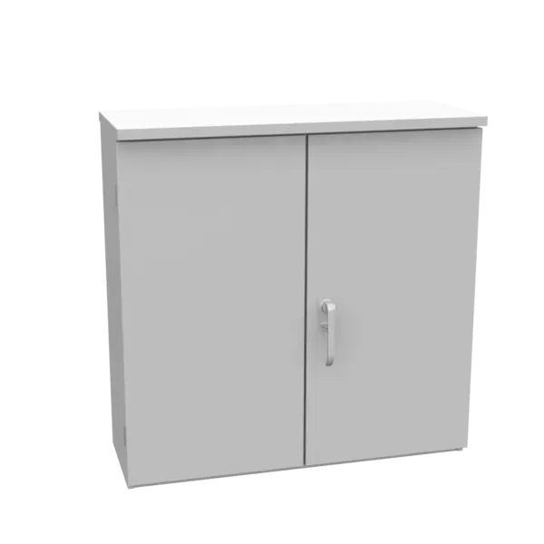 363612-CT3R - 36X12X36 Hinge Cover Type 3R Steel No Knockouts Ansi 61 Gray Double Doors Padlocking 3PT Handle Back Panel Weld Studs Drip Shield No Center Post Milbank