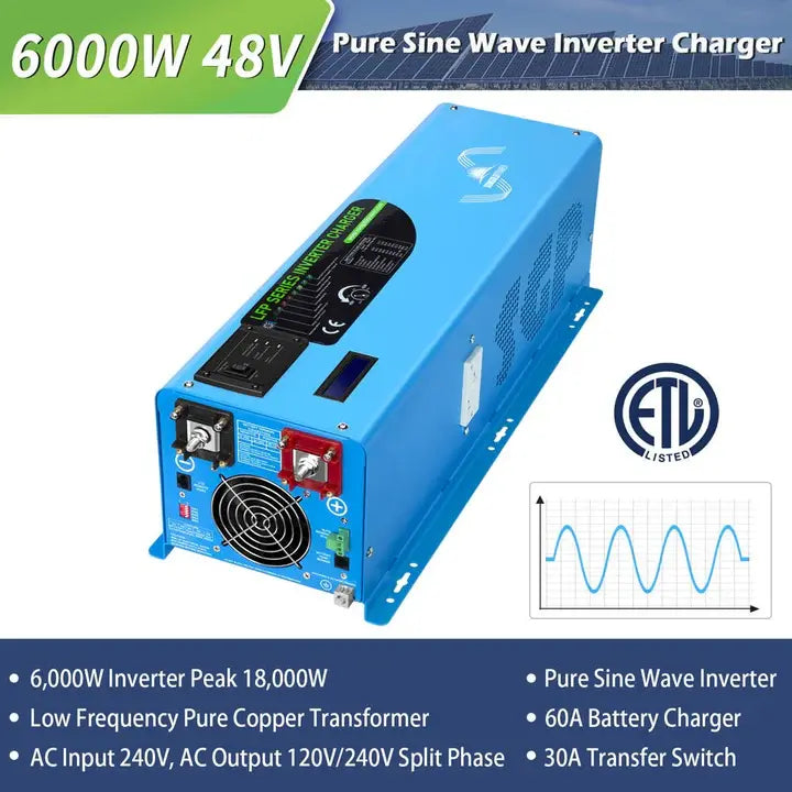 Sungold Power 6000W Split Phase Pure Sine Wave Inverter with Charger – DC 24V/48V Solar Cellz USA