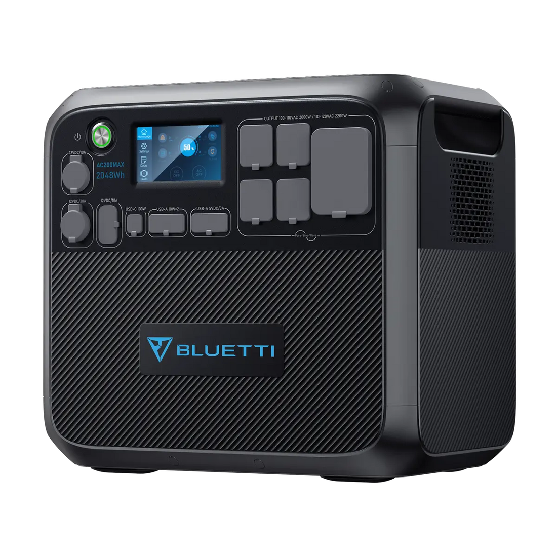 BLUETTI AC200MAX 2048Wh portable power station front view with ports and display