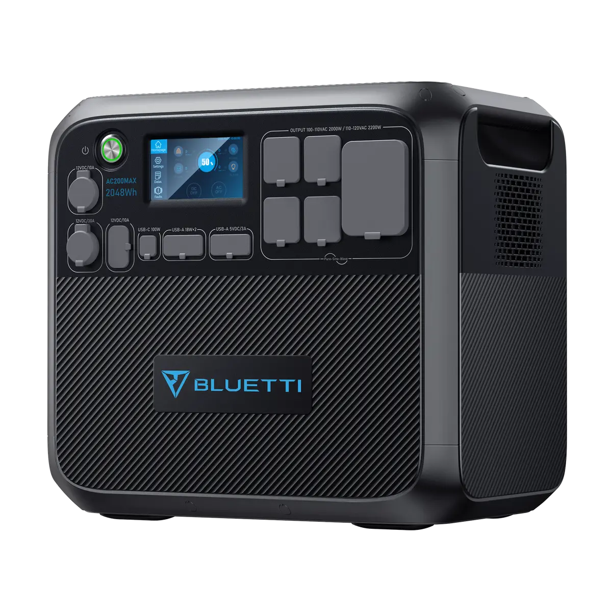 BLUETTI AC200MAX 2048Wh portable power station with USB-C, AC outlets, and 50% battery display