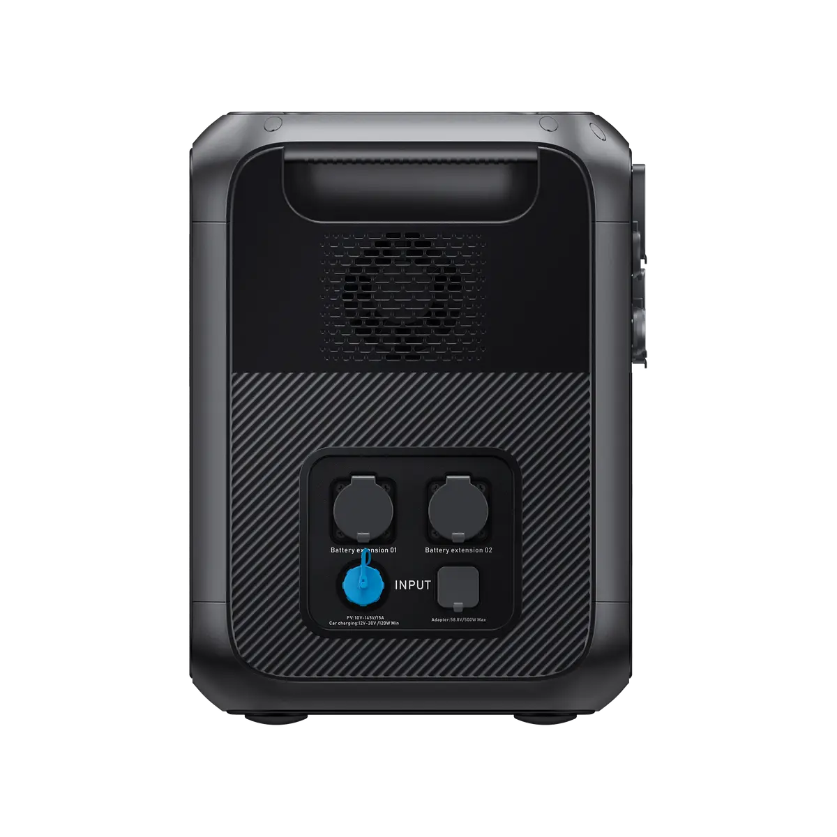 BLUETTI AC200MAX back panel showing Battery Extension, PV/Car input, and Adapter input ports