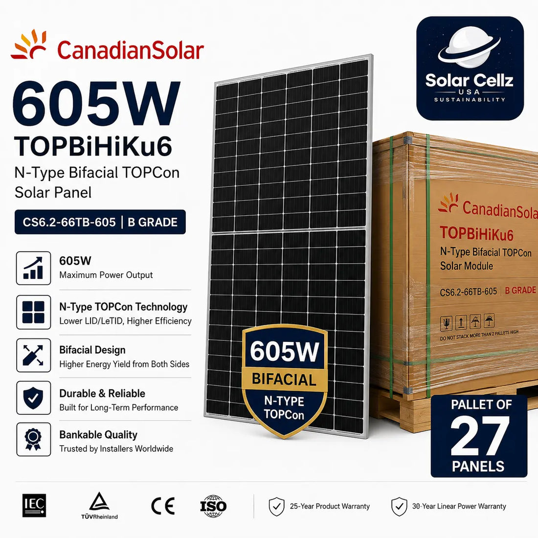 Canadian Solar 605W (Pallet of 27) TOPBiHiKu6 N-Type Bifacial TOPCon Solar Panel CS6.2-66TB-605 B Grade