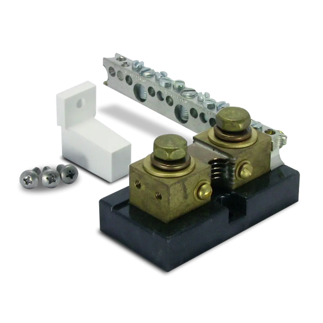 Outback 500 Amp 50mV DC current shunt with attached terminal bus bar and one white insulator (SKU Part Number FW-SHUNT500).
