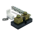 Outback 500 Amp 50mV DC current shunt with attached terminal bus bar and one white insulator (SKU Part Number FW-SHUNT500).