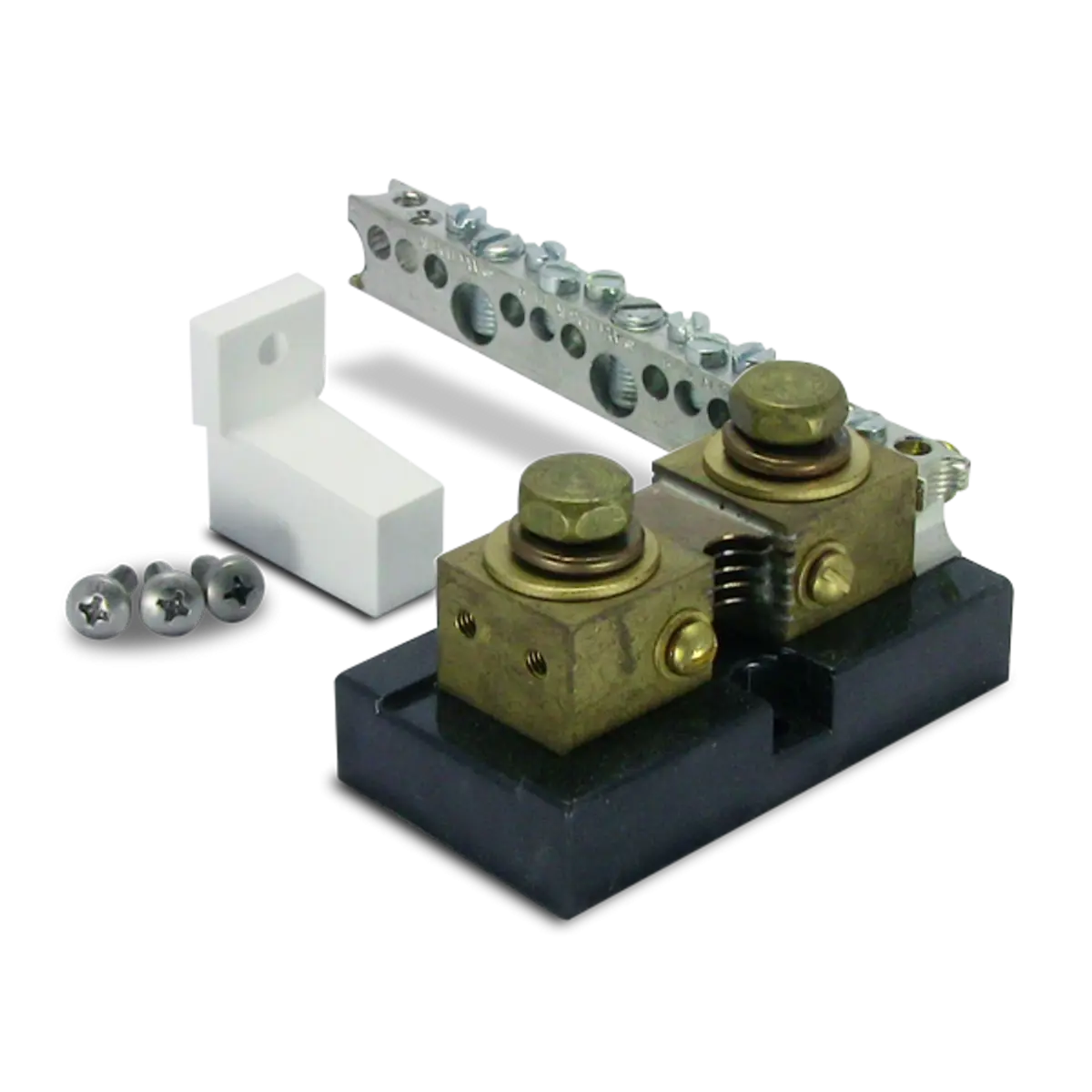 Outback 500 Amp 50mV DC current shunt with attached terminal bus bar and one white insulator (SKU Part Number FW-SHUNT500).