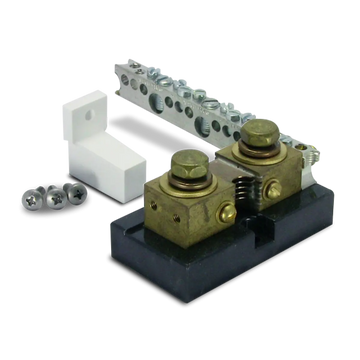 Outback 500 Amp 50mV DC current shunt with attached terminal bus bar and one white insulator (SKU Part Number FW-SHUNT500).