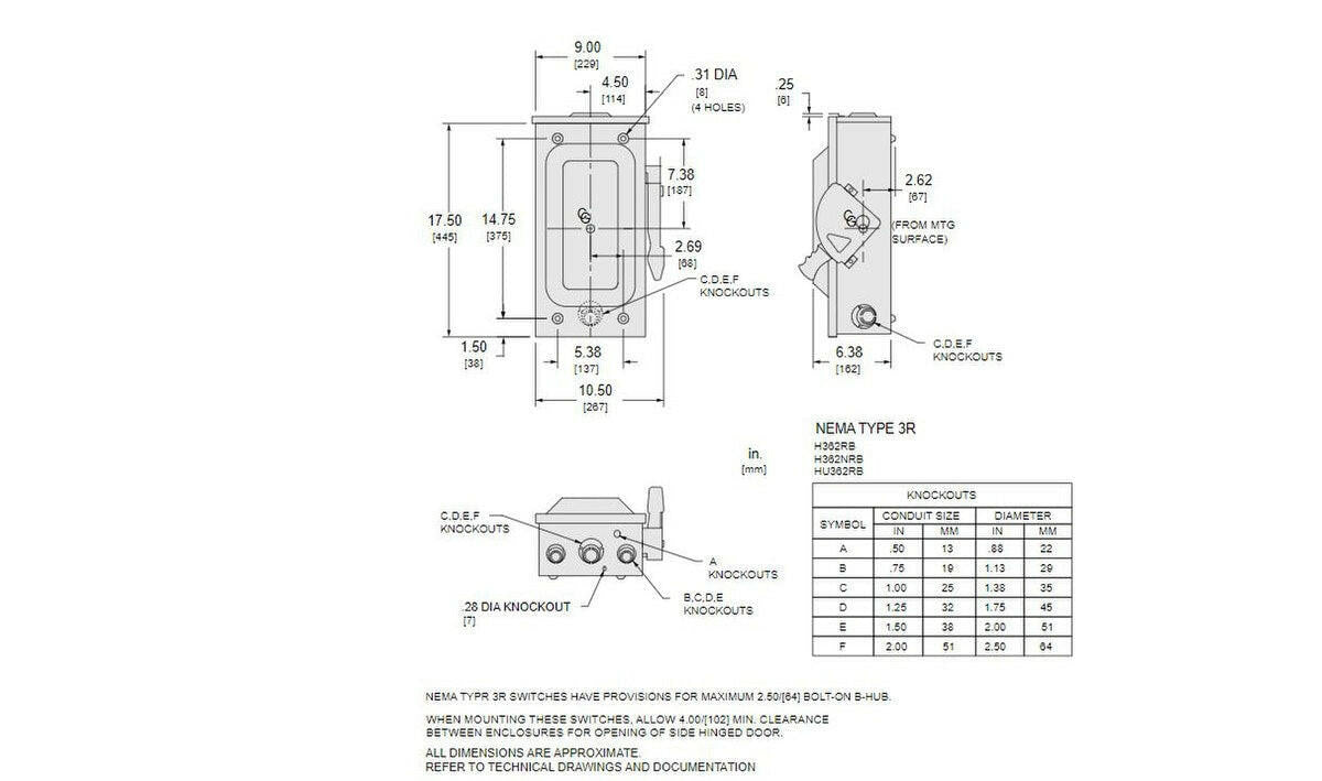 Square D/Schneider Electric 600 Vac/Vdc Non-Fusible Heavy Duty Single Throw Safety Switch.