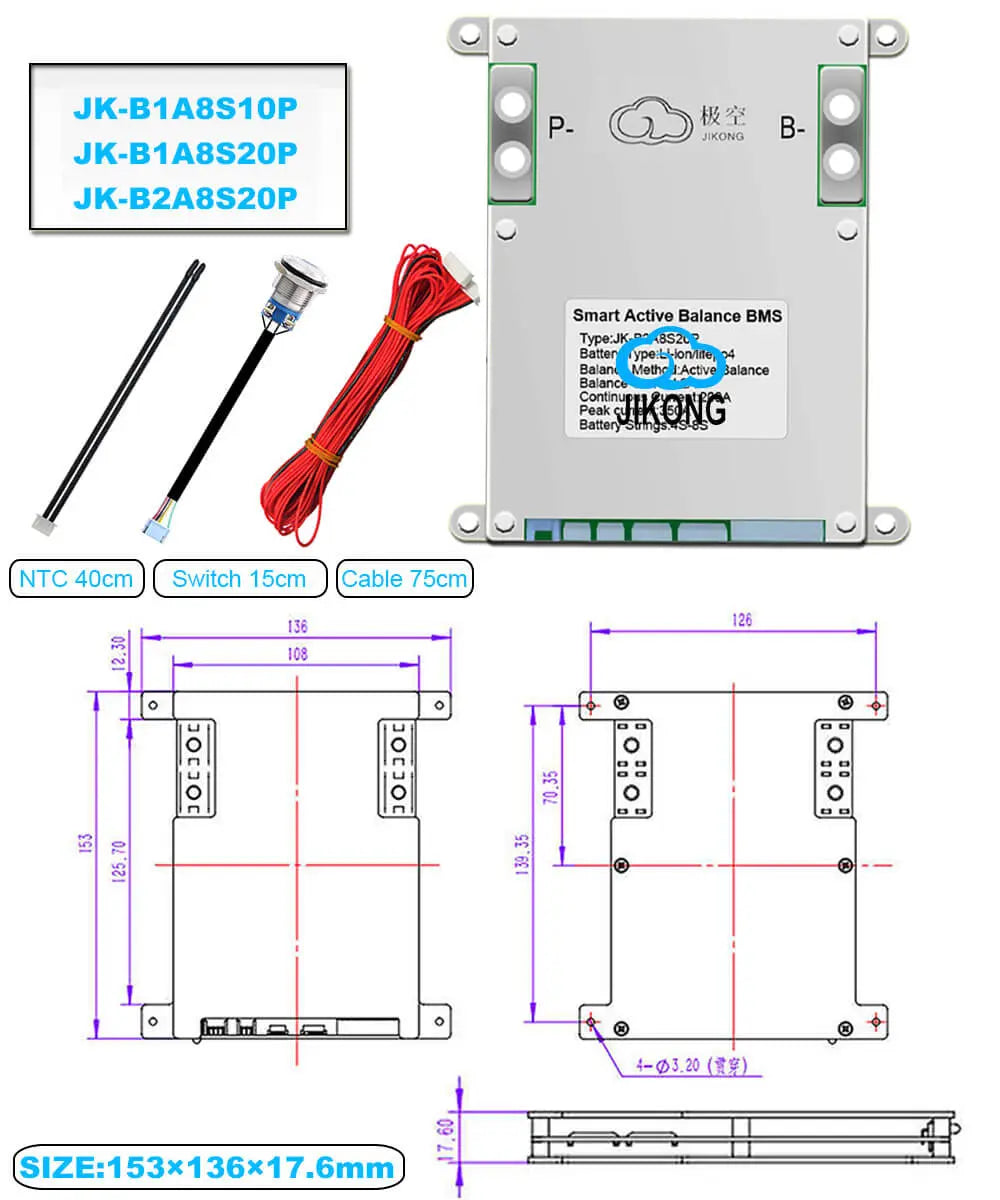 JKBMS B1A8S20P Active Balance BMS (3S–8S, 200A) Solar Cellz USA