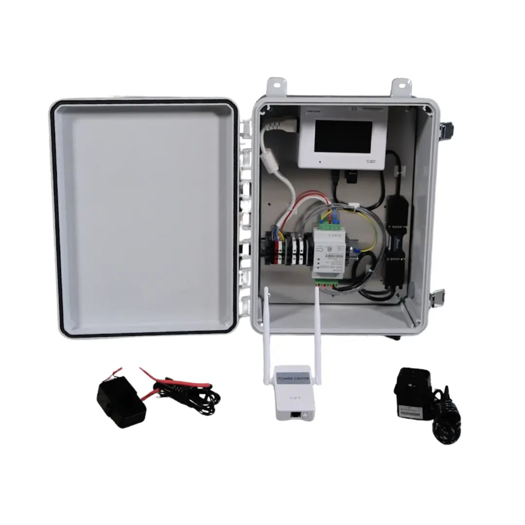 Duracell Power Center Communication Gateway with Consumer Grade Meter (CGM) and WiFi, shown with open enclosure, internal wiring, display module, and included power adapters.