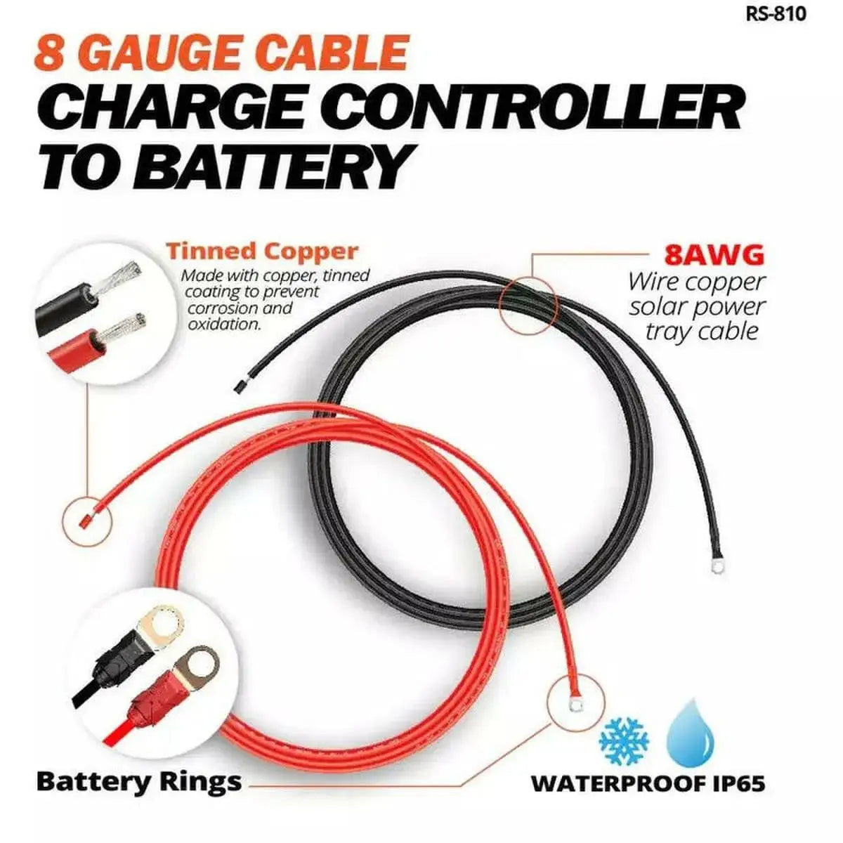 Rich Solar 10 Gauge 10 Feet Cable Connect Charge Controller to Battery.