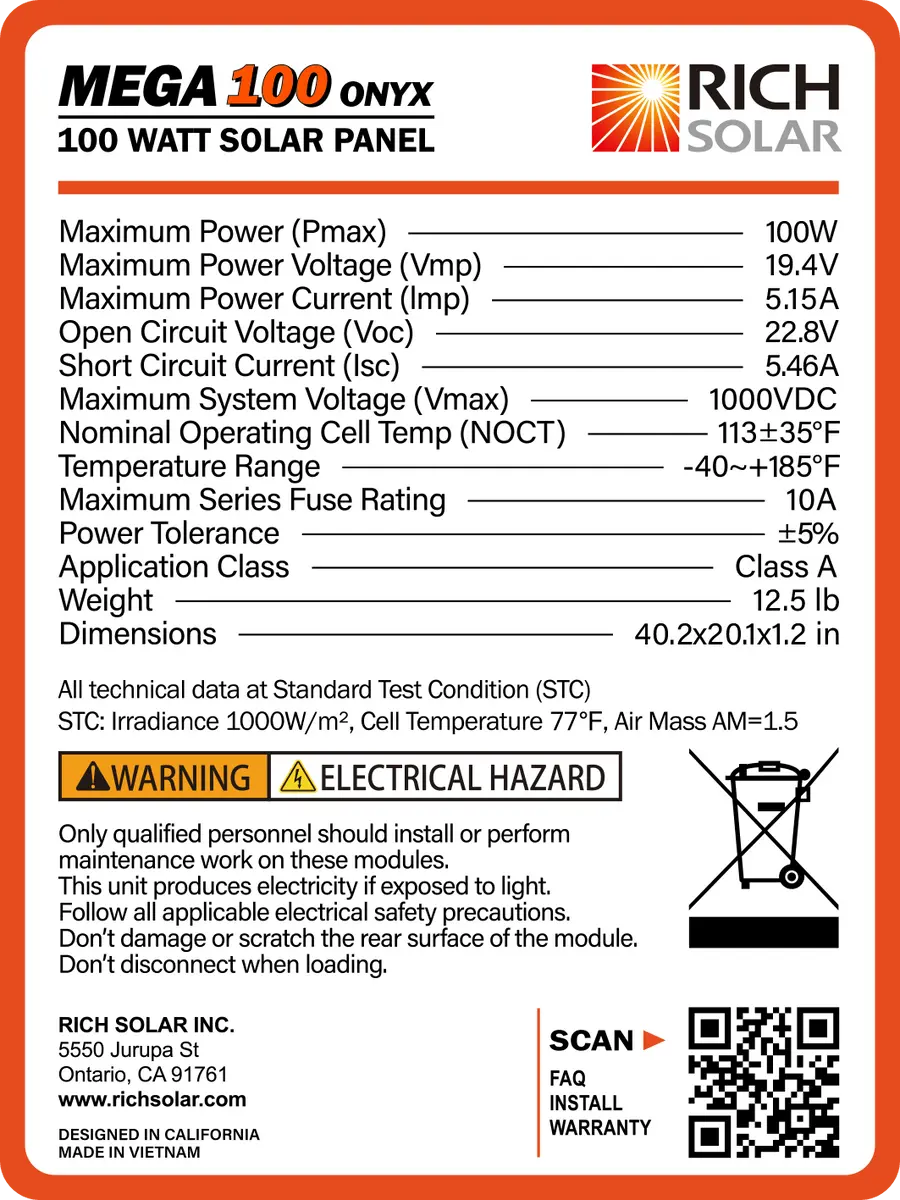 Rich Solar MEGA 100 ONYX | 100 Watt Monocrystalline Solar Panel | Best 12V Black Panel for VAN RVs and Off-Grid | 25-Year Output Warranty.