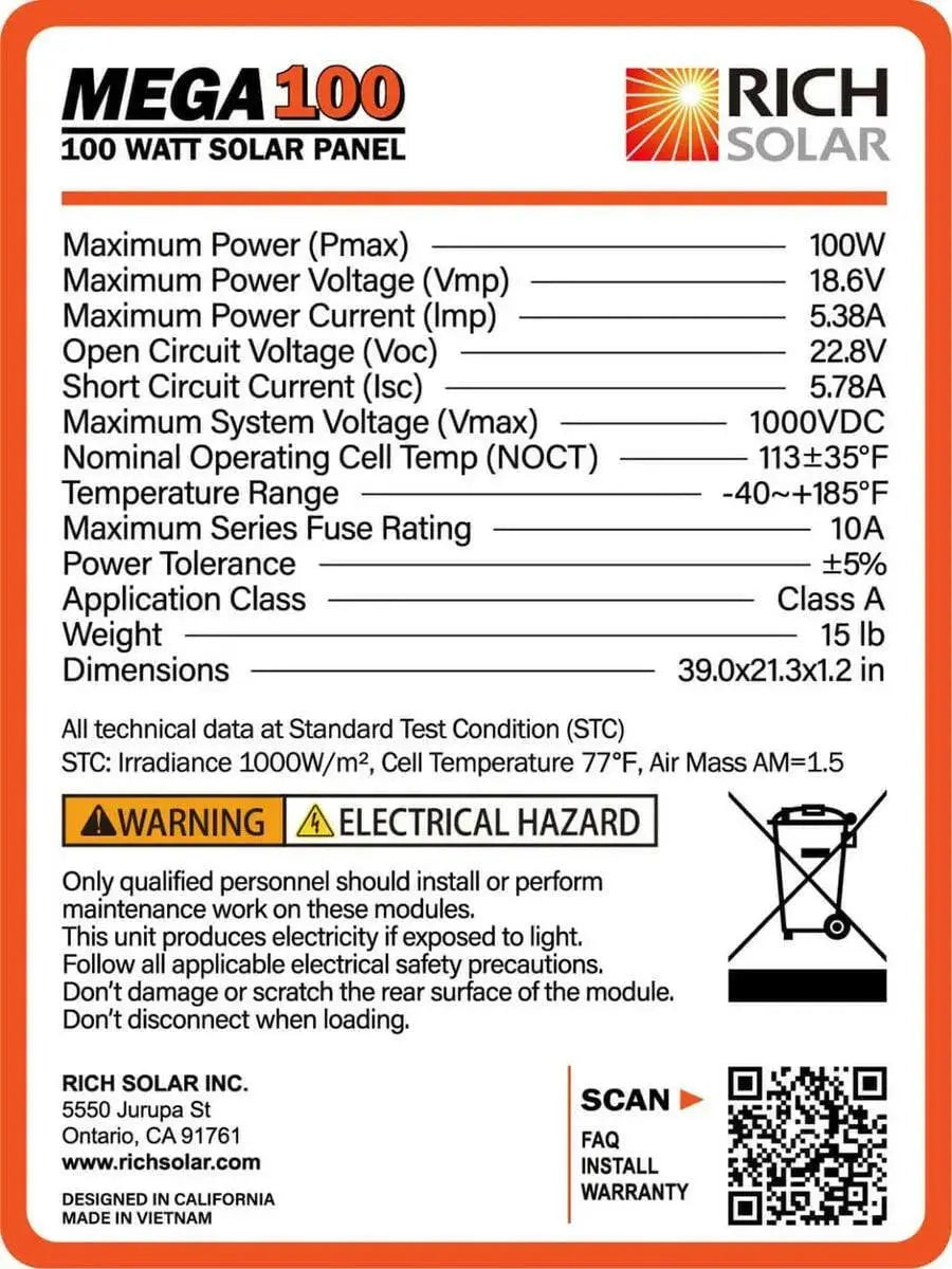 Rich Solar Mega 100 Watt Solar Panel.