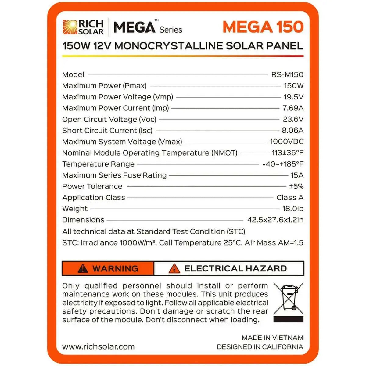 Rich Solar Mega 150 Watt Solar Panel.