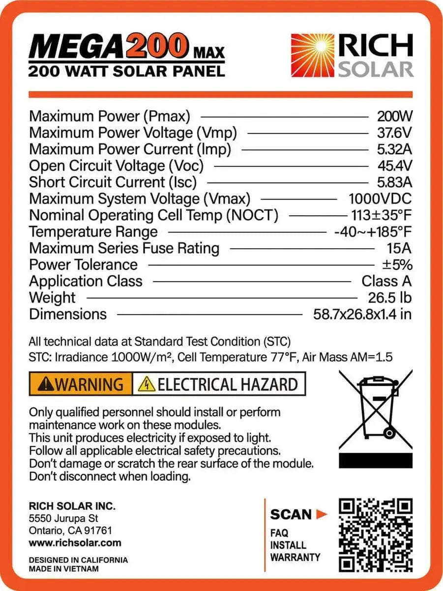 Rich Solar Mega 200 Watt 24 Volt Solar Panel.