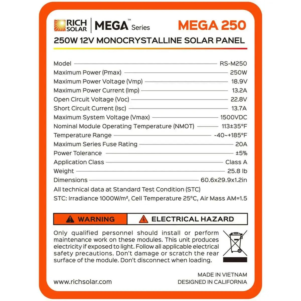 Rich Solar MEGA 250 Watt Monocrystalline Solar Panel | Best 12V Panel for RVs and Off-Grid | 25-Year Output Warranty | UL Certified.