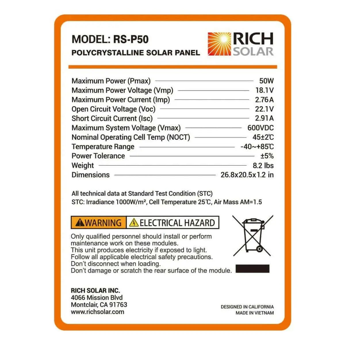 Rich Solar MEGA 50 Watt Solar Panel Poly.