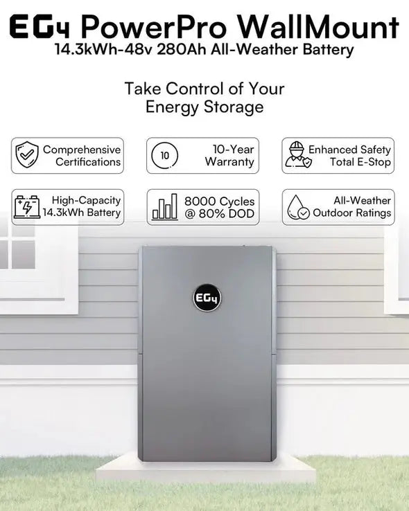EG4 14.3 kWh PowerPro WallMount AllWeather LiFePO4 Battery | 48V 280Ah | IP65 | UL1973 | 10-Year Warranty.