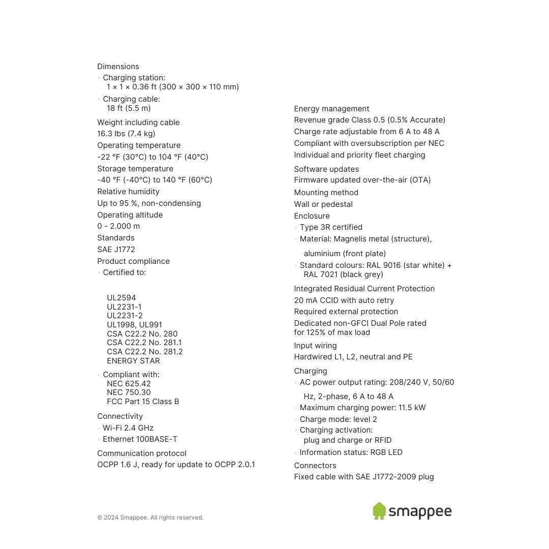 Smappee EVWNA-248-C18-E-W EV Wall Mounted Hardwired Smart Charging Station 48A Smappee