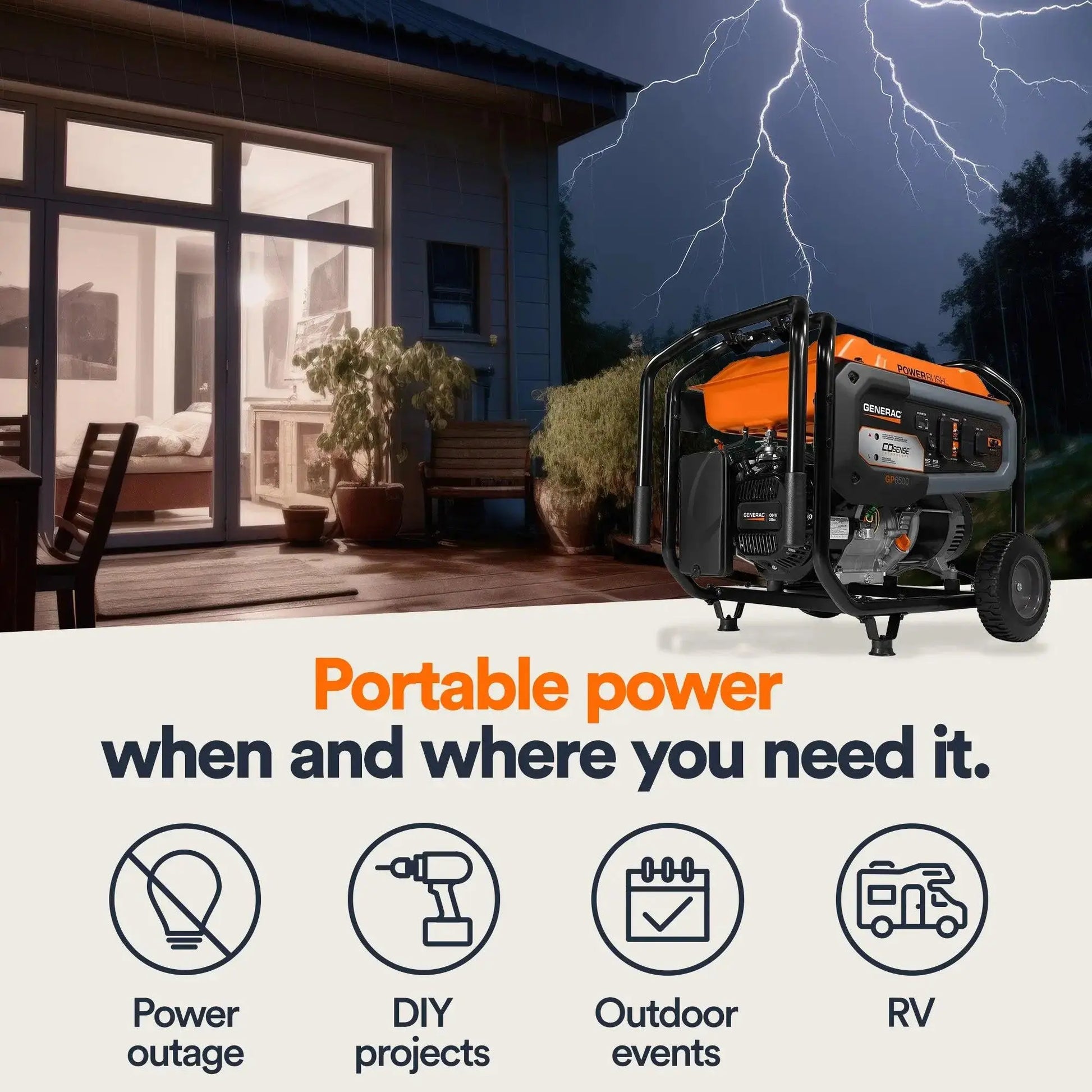 Generac GP6500 Portable Generator with CO-Sense™ Technology - Solar Cellz Inc